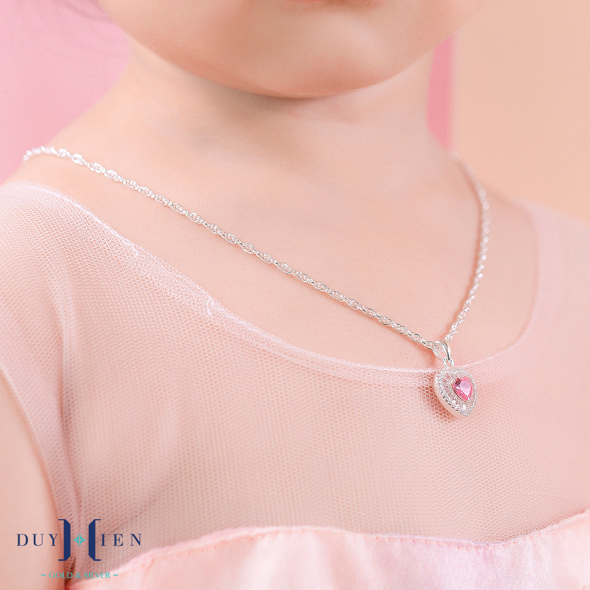 JUELHAUS S990 Pure Silver Necklace For Girls With Heart Shape And Beautiful Pink Stone