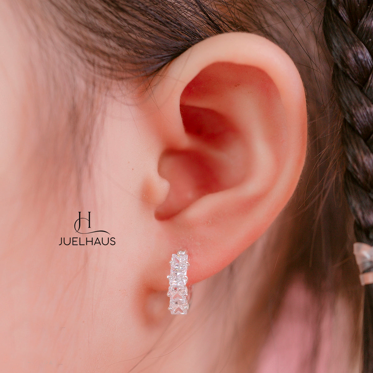 JUELHAUS Simple but extremely bright white single row white stone earrings, non-round style with extremely sturdy clasp