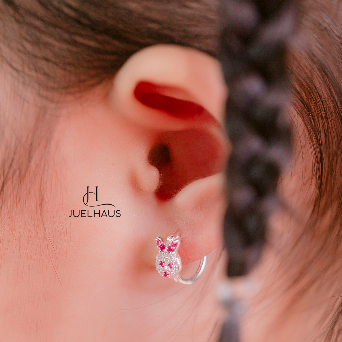 JUELHAUS Cute Pink Eyed Bunny Round Shape Silver Earrings For Girls