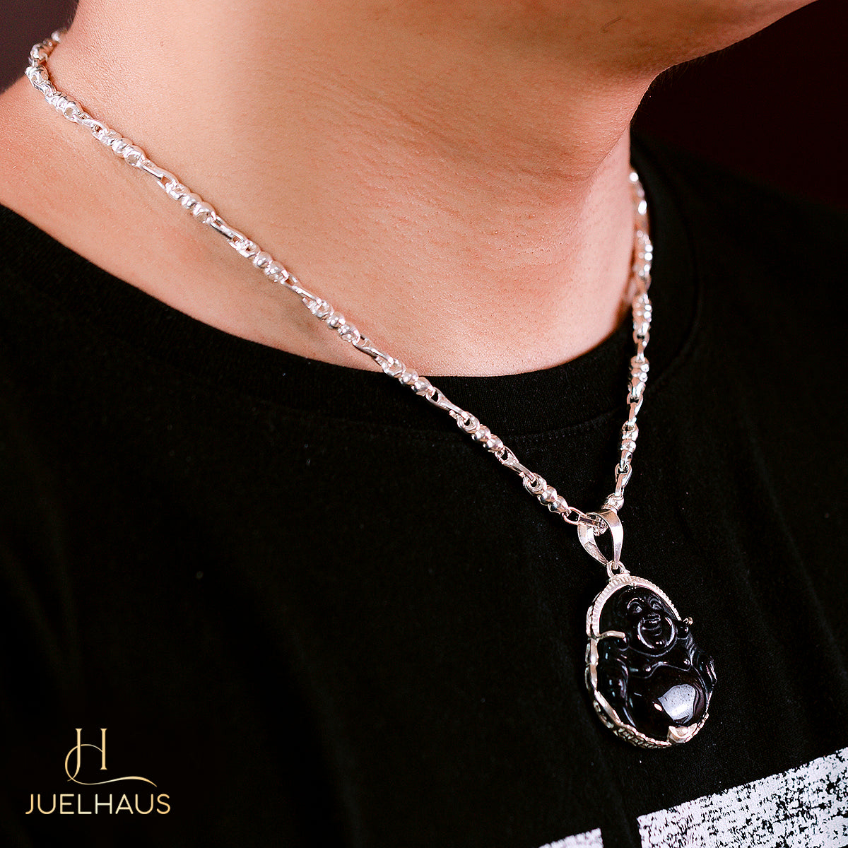 JUELHAUS Black Agate Laughing Buddha Silver Pendant