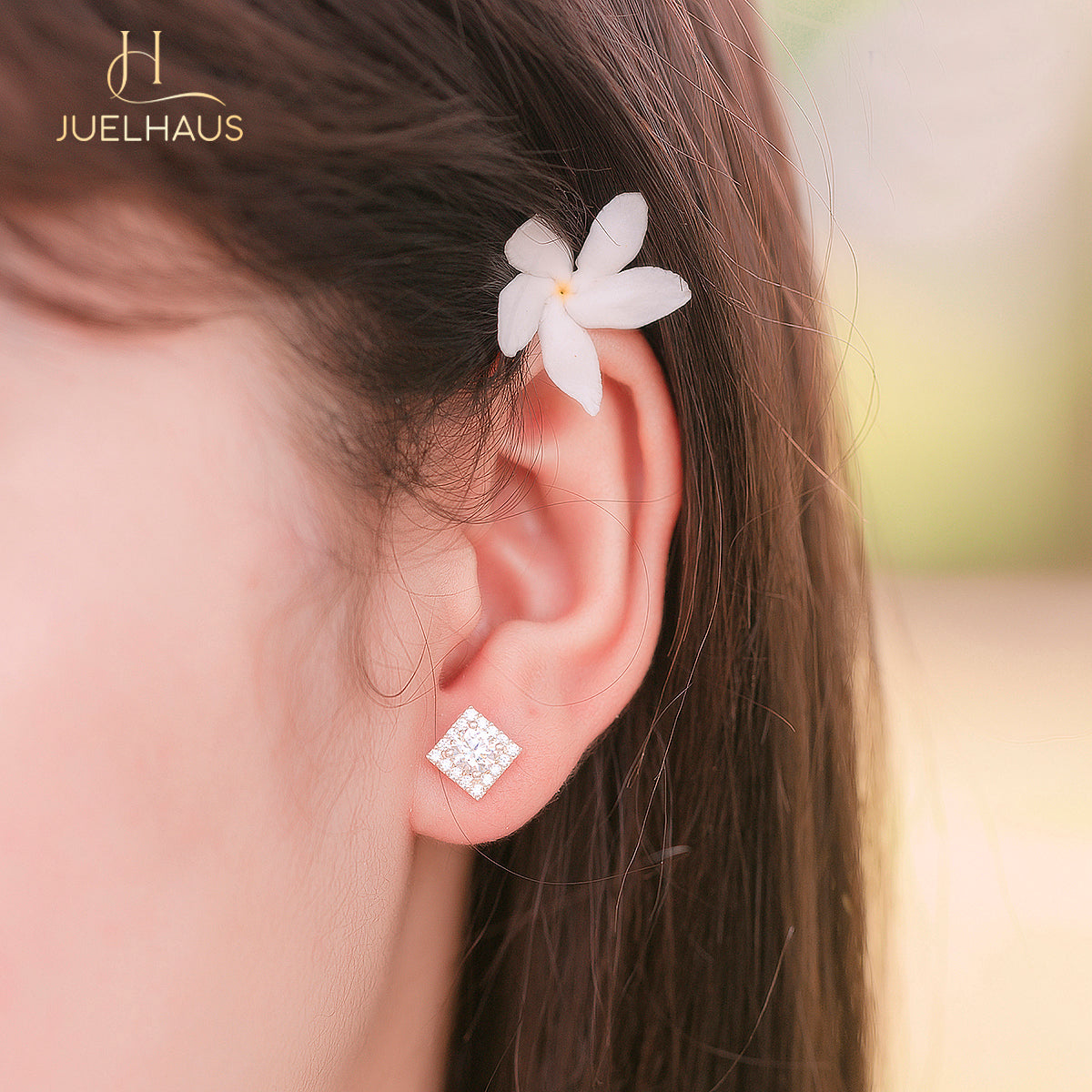 JUELHAUS Women's Silver Earrings with Square Stone Buds, Youthful and Modern Personality