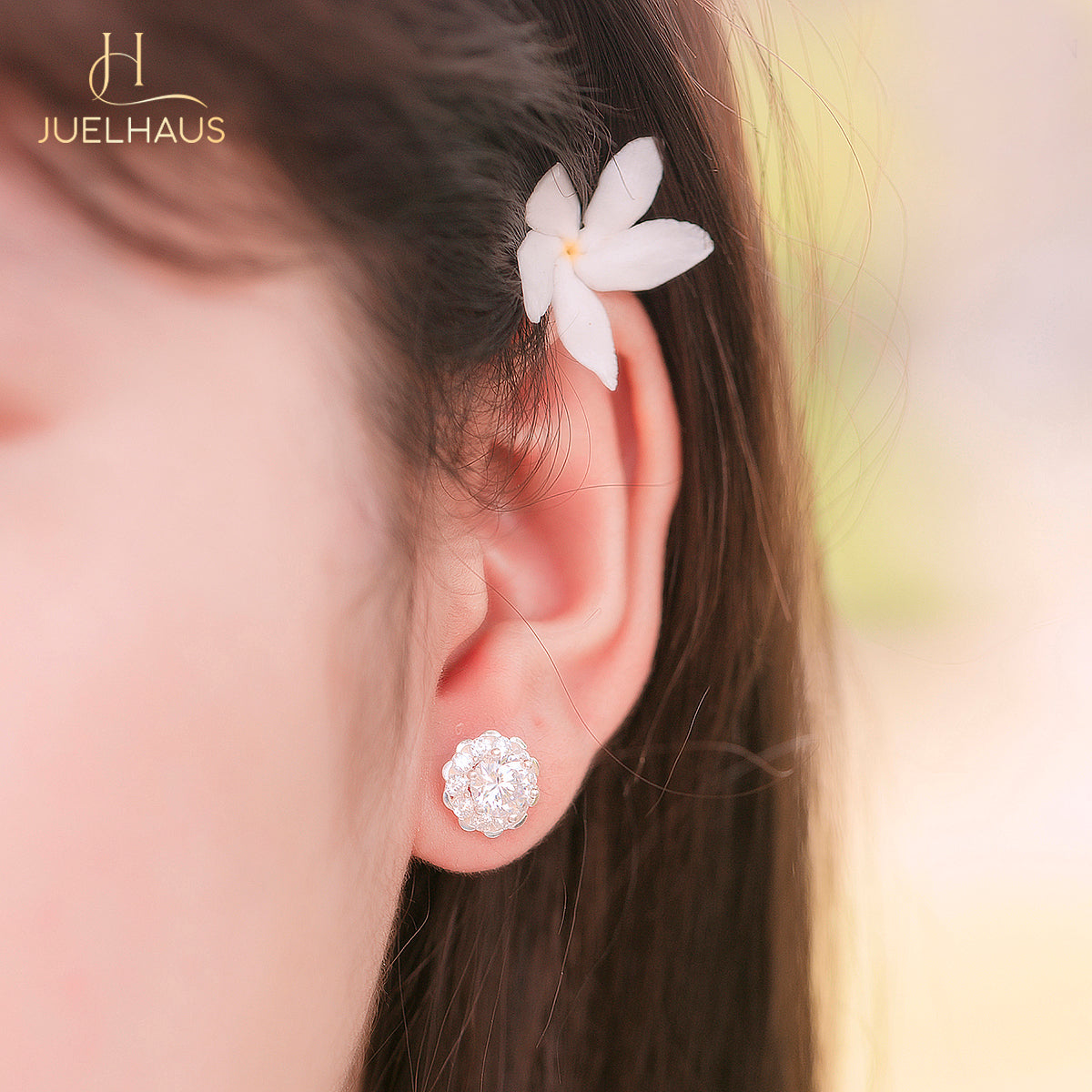 JUELHAUS Women's Silver Earrings with Stone Buds in Round Flower Shape, Simple, Luxurious and Outstanding