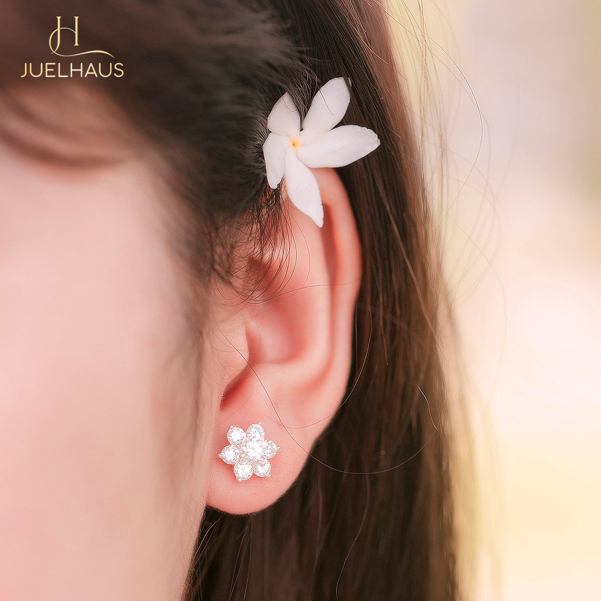 JUELHAUS Women's Silver Earrings with Stone Buds in Round Flower Shape, Simple, Luxurious and Outstanding