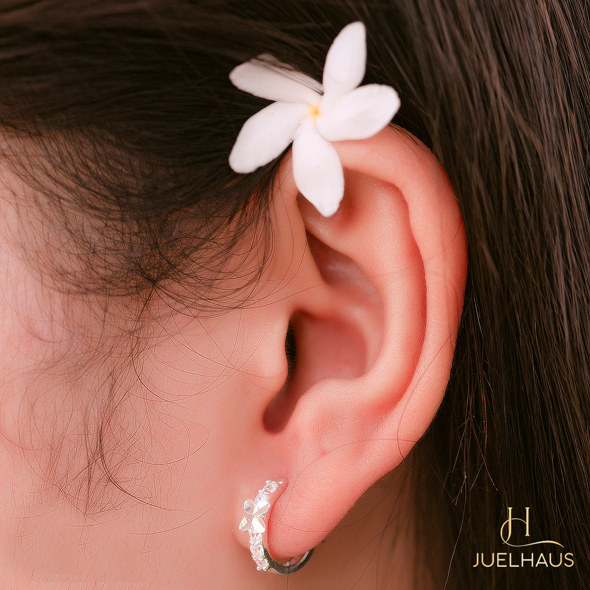 JUELHAUS Silver Earrings for Children, Non-Round Style, 1 Row of Cute Small Stones with 4 Bright Milled Flowers