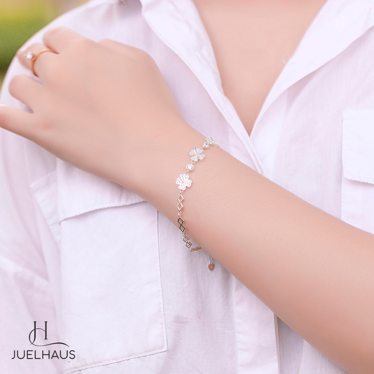 JUELHAUS S990 Pure Silver Bracelet for Women with 4 Leaf Clover and Sparkling Stone
