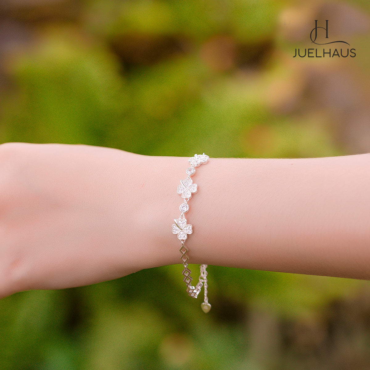 JUELHAUS S990 Pure Silver Bracelet for Women with 4 Leaf Clover and Sparkling Stone