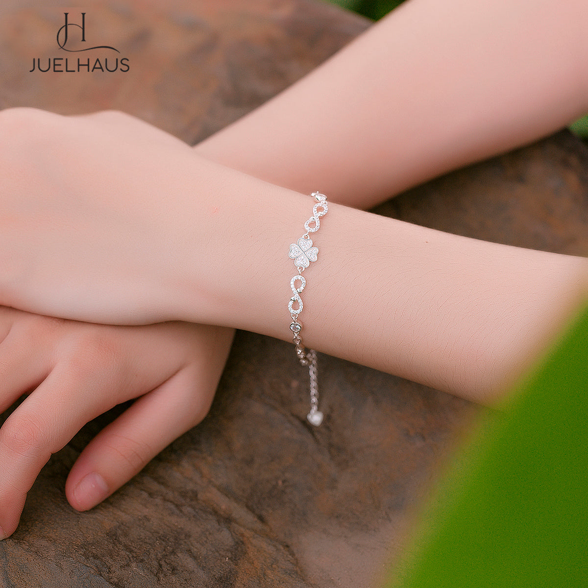 JUELHAUS S990 Pure Silver Bracelet for Women Lucky 4-Leaf Clover with Infinity Sign on Both Sides