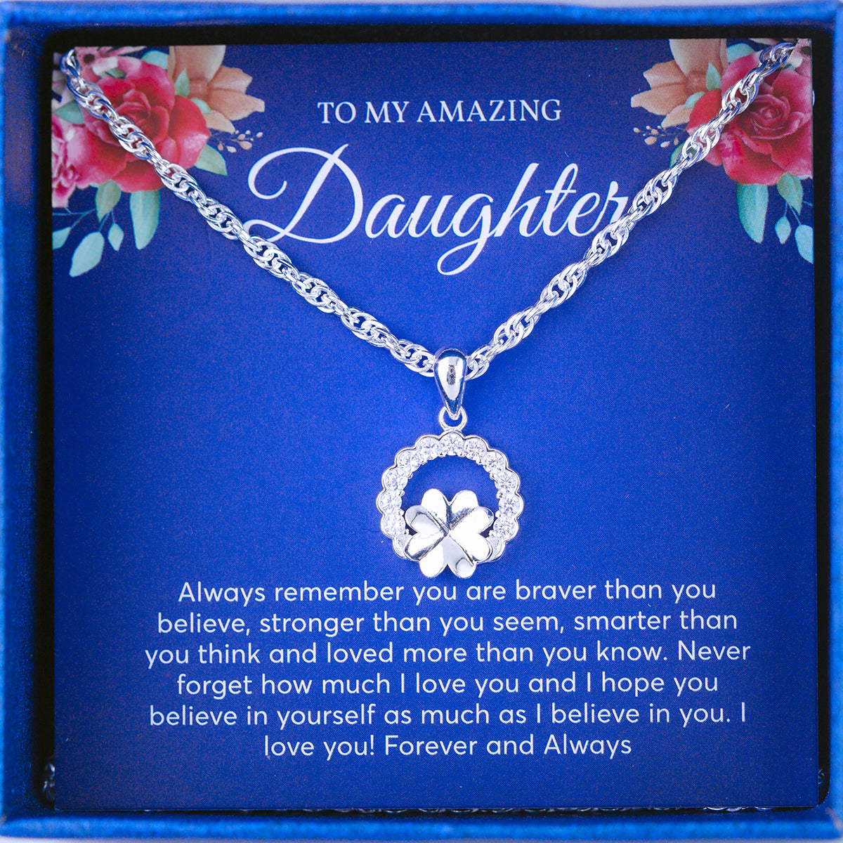 JUELHAUS Silver Necklace Gift for Daughter S990 Pure Lucky Four-Leaf Clover Shaped with 2 Sparkling Stones