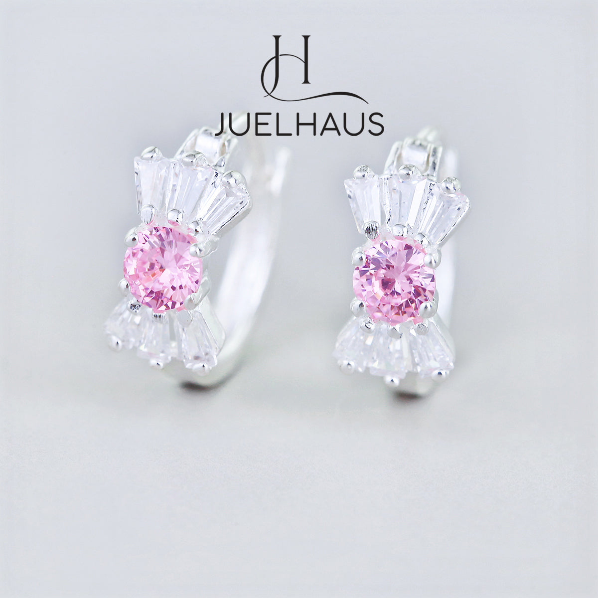JUELHAUS Silver Earrings for Babies in Round Bow Shape with 2 Excellently Beautiful Crystal Shapes