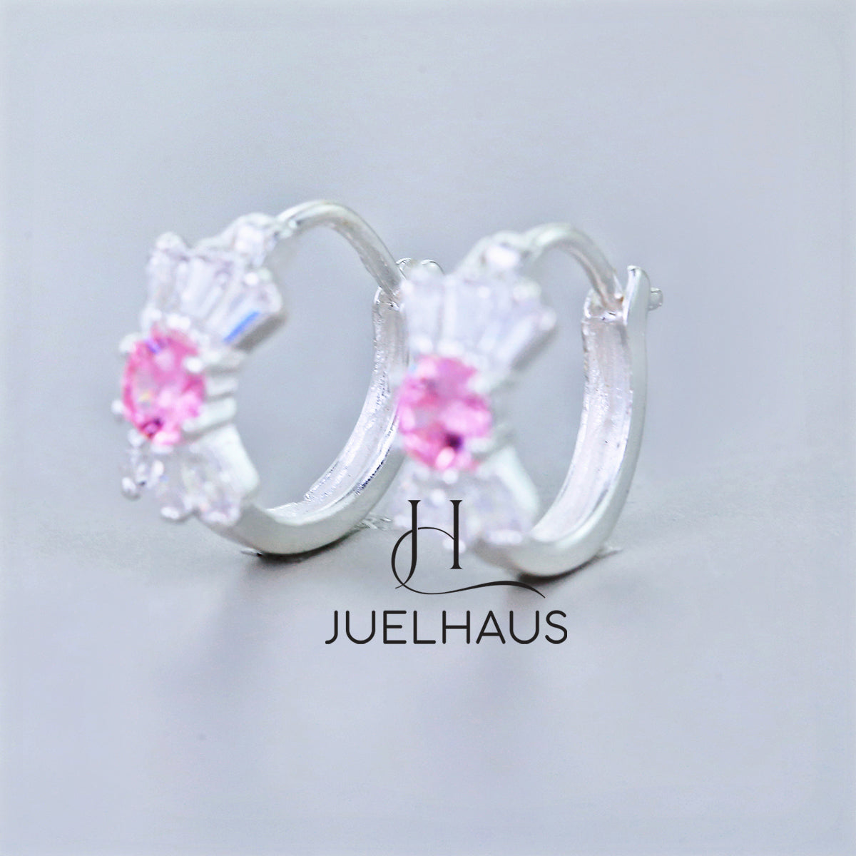 JUELHAUS Silver Earrings for Babies in Round Bow Shape with 2 Excellently Beautiful Crystal Shapes