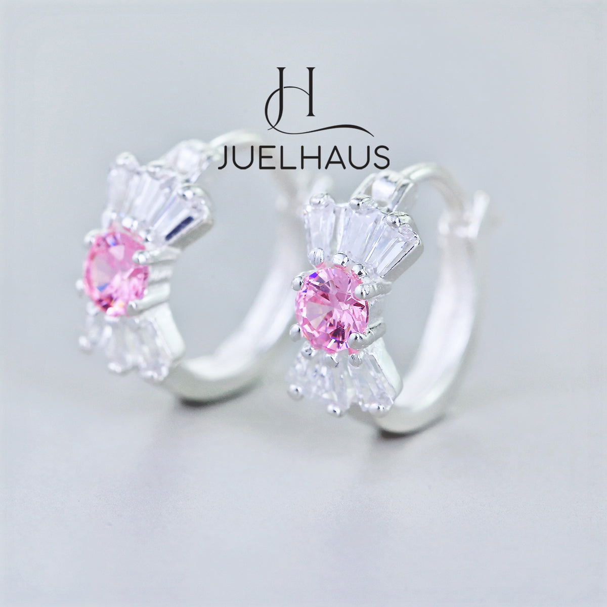 JUELHAUS Silver Earrings for Babies in Round Bow Shape with 2 Excellently Beautiful Crystal Shapes