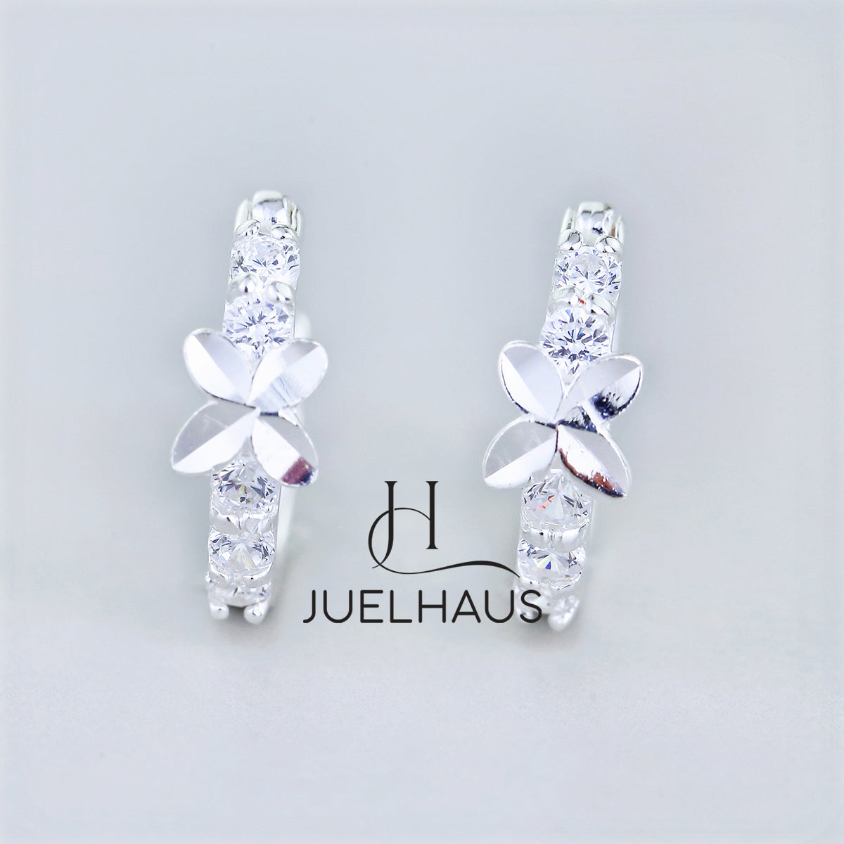JUELHAUS  Silver Earrings for Children, Non-Round Style, 1 Row of Cute Small Stones with 4 Bright Milled Flowers