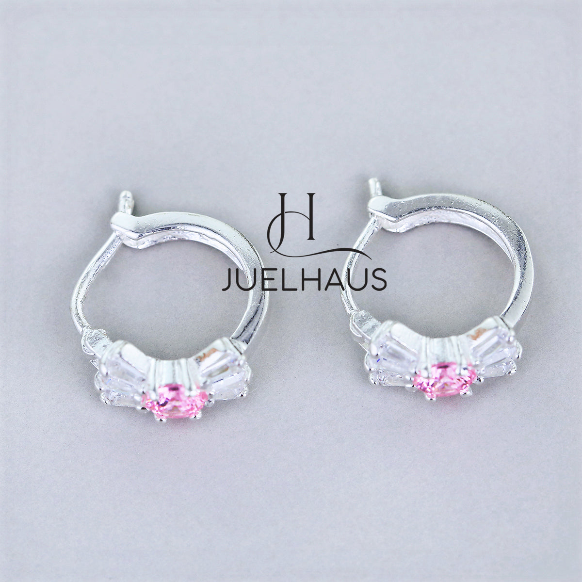 JUELHAUS Silver Earrings for Babies in Round Bow Shape with 2 Excellently Beautiful Crystal Shapes