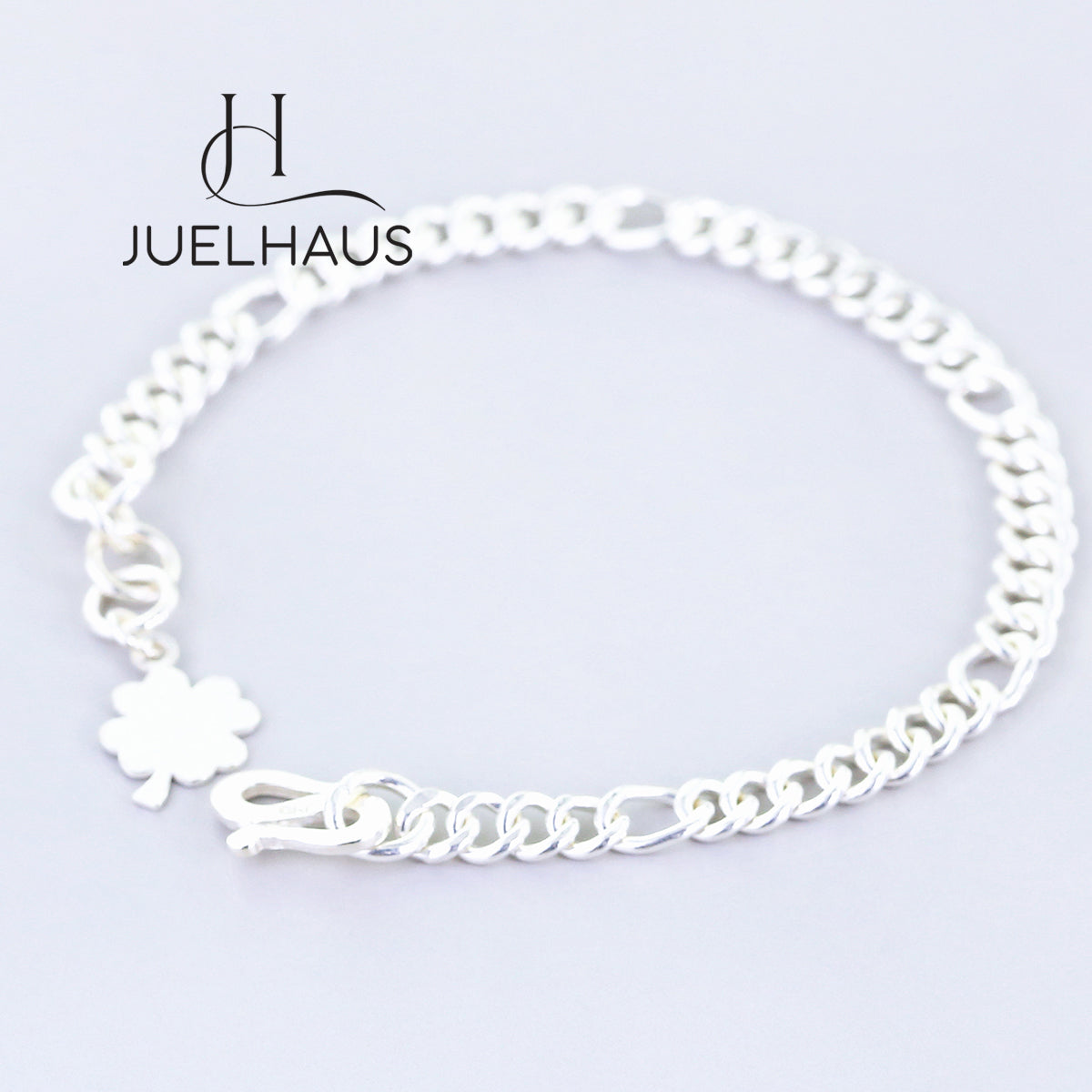 JUELHAUS  Silver Bracelet for Girls, Single Chain Style, Interspersed with Long Round Eyes, with Lucky Four-Leaf Clover Charm