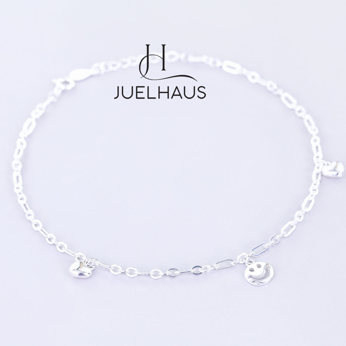 JUELHAUS S990 Pure Silver Women's Anklet with Solid Square Chain with Happy Smiley Face Shape