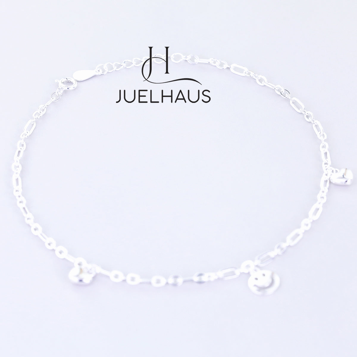 JUELHAUS S990 Pure Silver Women's Anklet with Solid Square Chain with Happy Smiley Face Shape