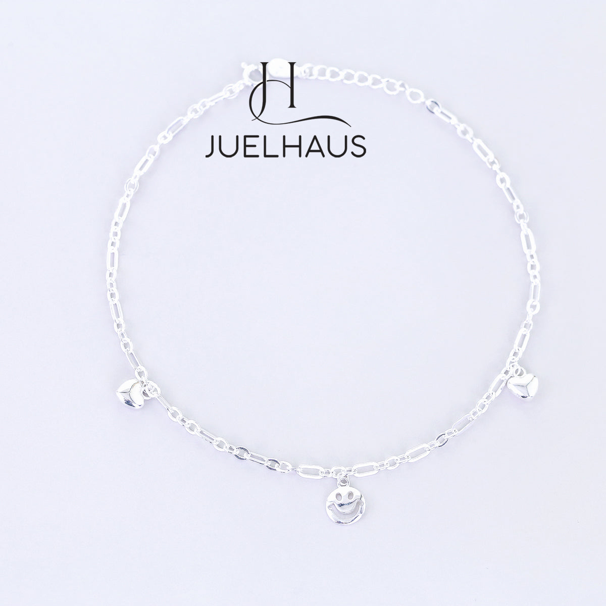 JUELHAUS S990 Pure Silver Women's Anklet with Solid Square Chain with Happy Smiley Face Shape