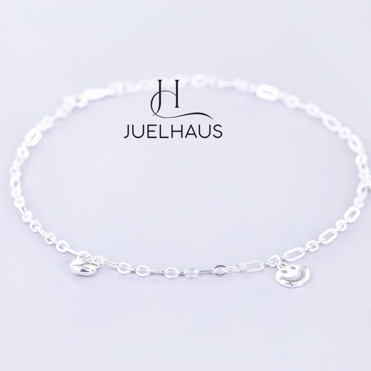 JUELHAUS S990 Pure Silver Women's Anklet with Solid Square Chain with Happy Smiley Face Shape