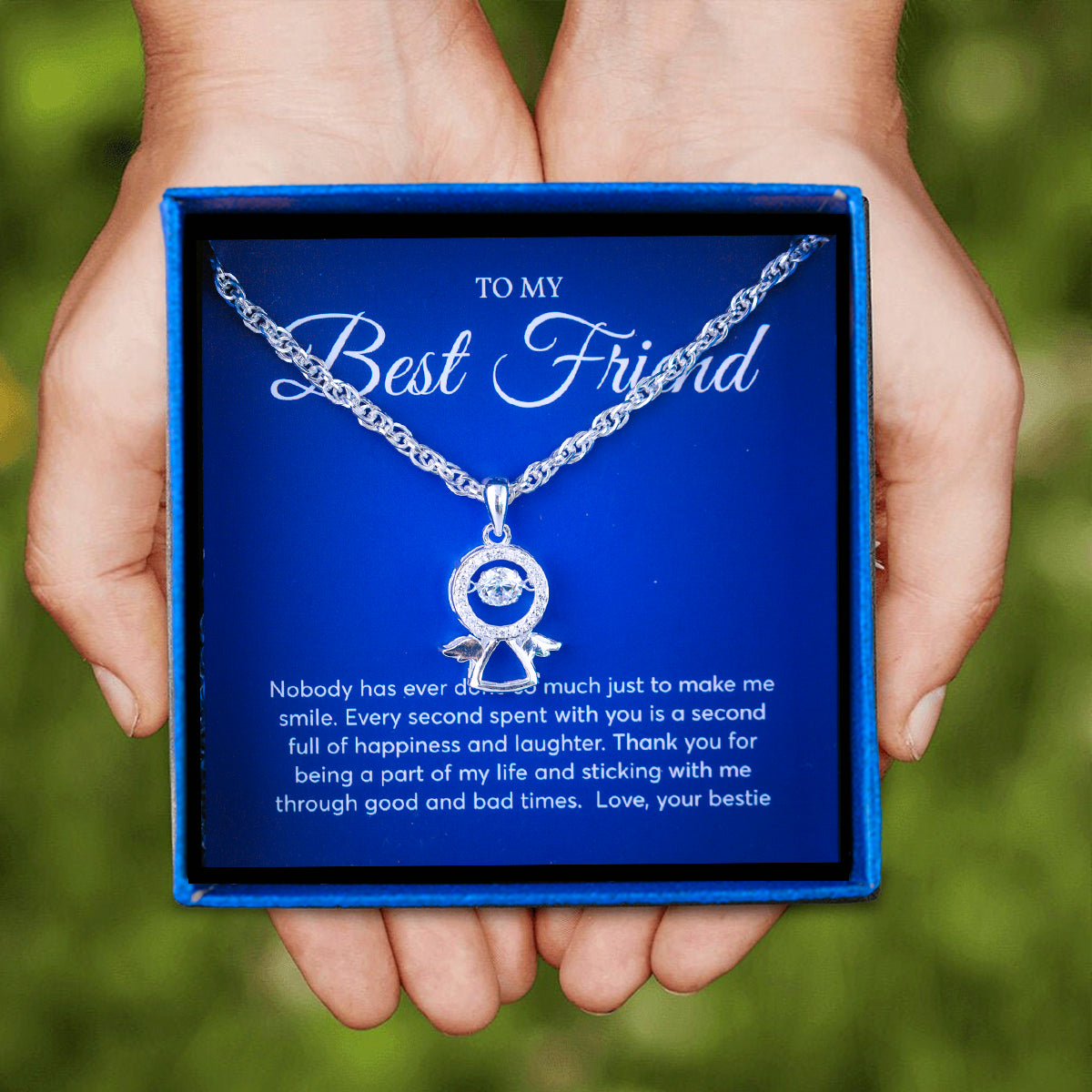 JUELHAUS  Silver Necklace Gift for Best Friend S990 Pure Angel Shape Angle 3D Waving Wings Stone Face with 3 Moving Cups