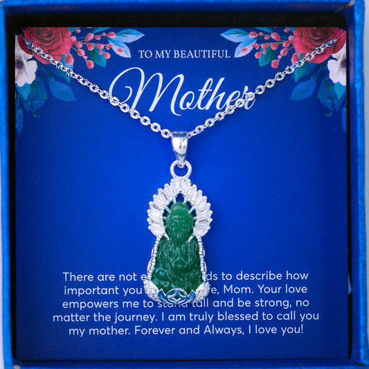 JUELHAUS Silver Pendant Gift for Mother Avalokiteśvara Bodhisattva Image Jade Green Stone with Sparkling Crystal Edge