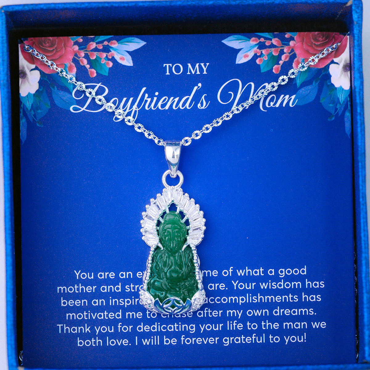 JUELHAUS Silver Pendant Gift for boyfriend's mother Avalokiteśvara Bodhisattva Image Jade Green Stone with Sparkling Crystal Edge