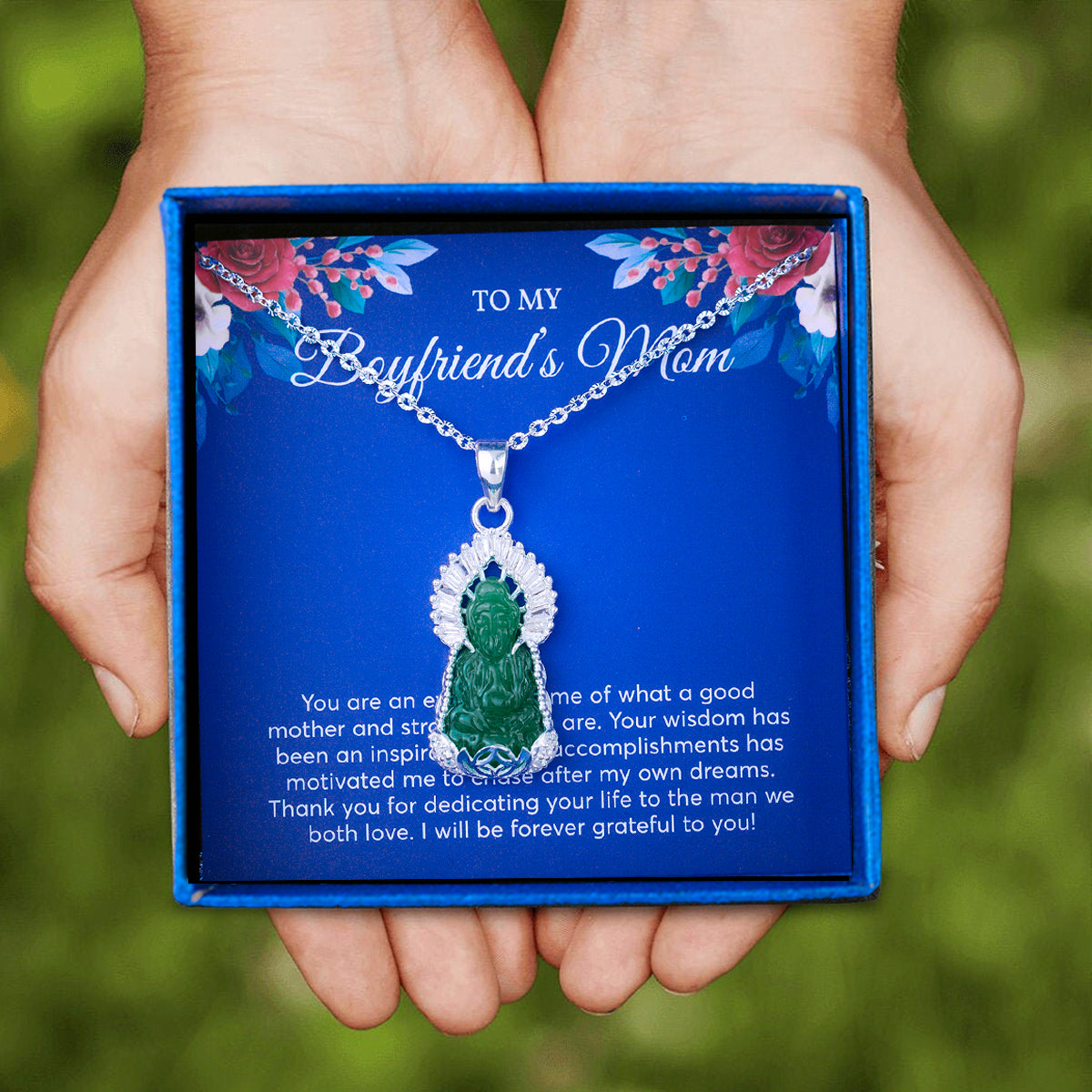 JUELHAUS Silver Pendant Gift for boyfriend's mother Avalokiteśvara Bodhisattva Image Jade Green Stone with Sparkling Crystal Edge