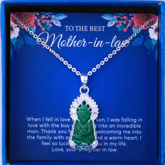 JUELHAUS Silver Pendant Gift for mother-in-law Avalokiteśvara Bodhisattva Image Jade Green Stone with Sparkling Crystal Edge