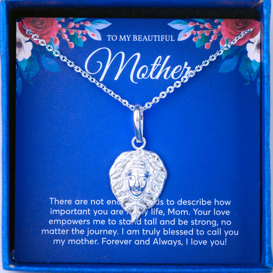 JUELHAUS Silver Pendant Gift for Mom with Bodhi Leaf Shaped on one side engraved with Zen words and on the other side has an embossed Buddha head