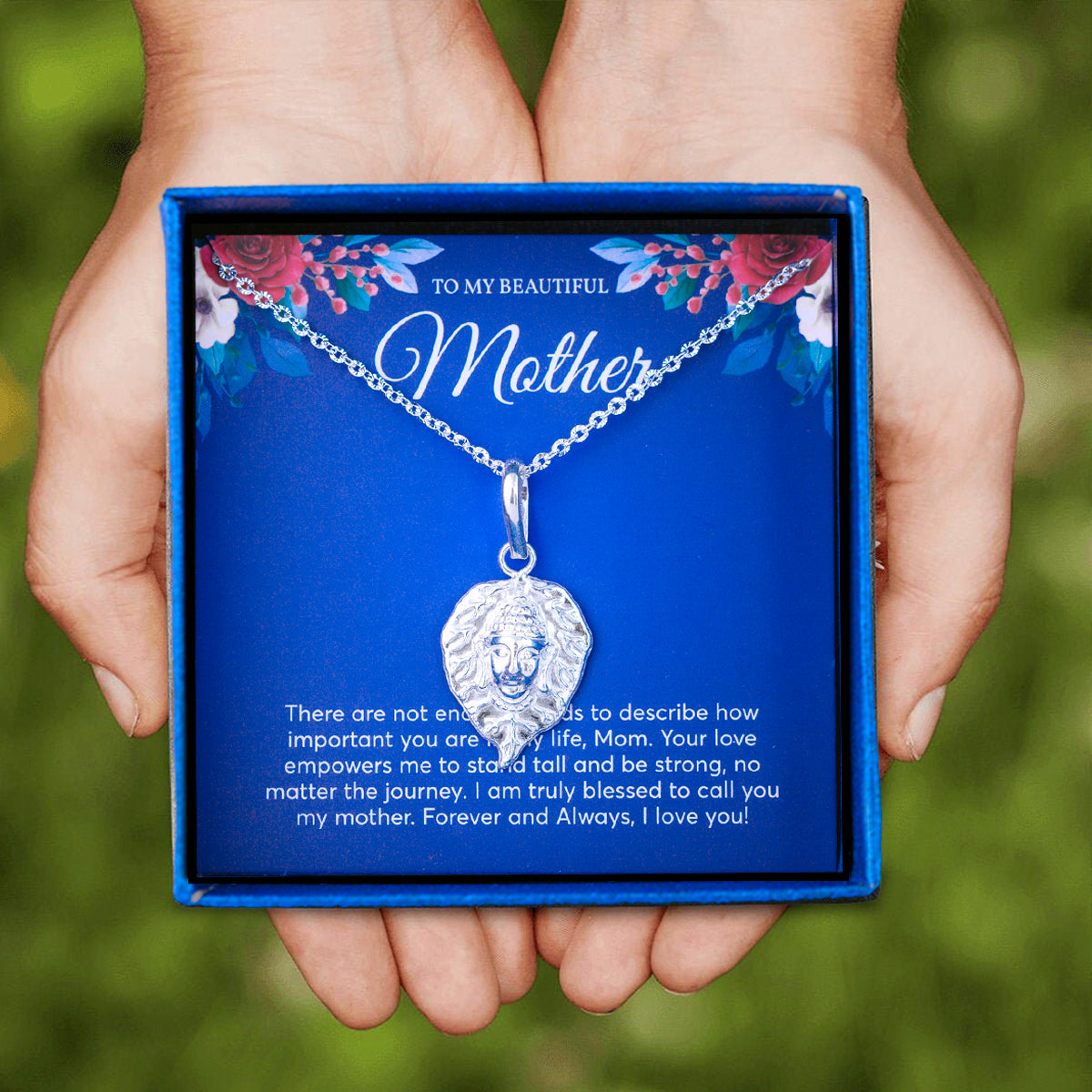 JUELHAUS Silver Pendant Gift for Mom with Bodhi Leaf Shaped on one side engraved with Zen words and on the other side has an embossed Buddha head