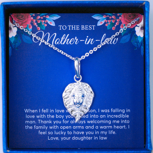JUELHAUS Silver Pendant Gifted to mother-in-law with Bodhi Leaf Shaped on one side engraved with Zen words and on the other side has an embossed Buddha head