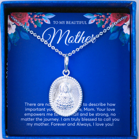 JUELHAUS Silver Pendant Gift for Mother with Oval Shape of Avalokiteshvara Bodhisattva Buddha Image