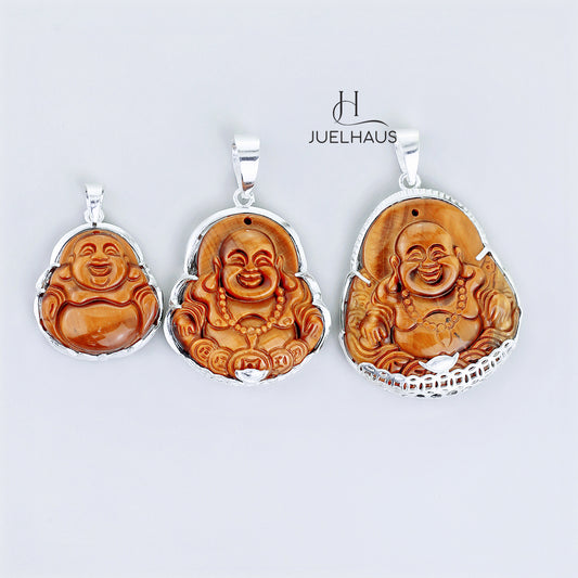 JUELHAUS Silver Pendant with Image of Laughing Buddha and Tiger Eye Stone, Available in 3 Sizes