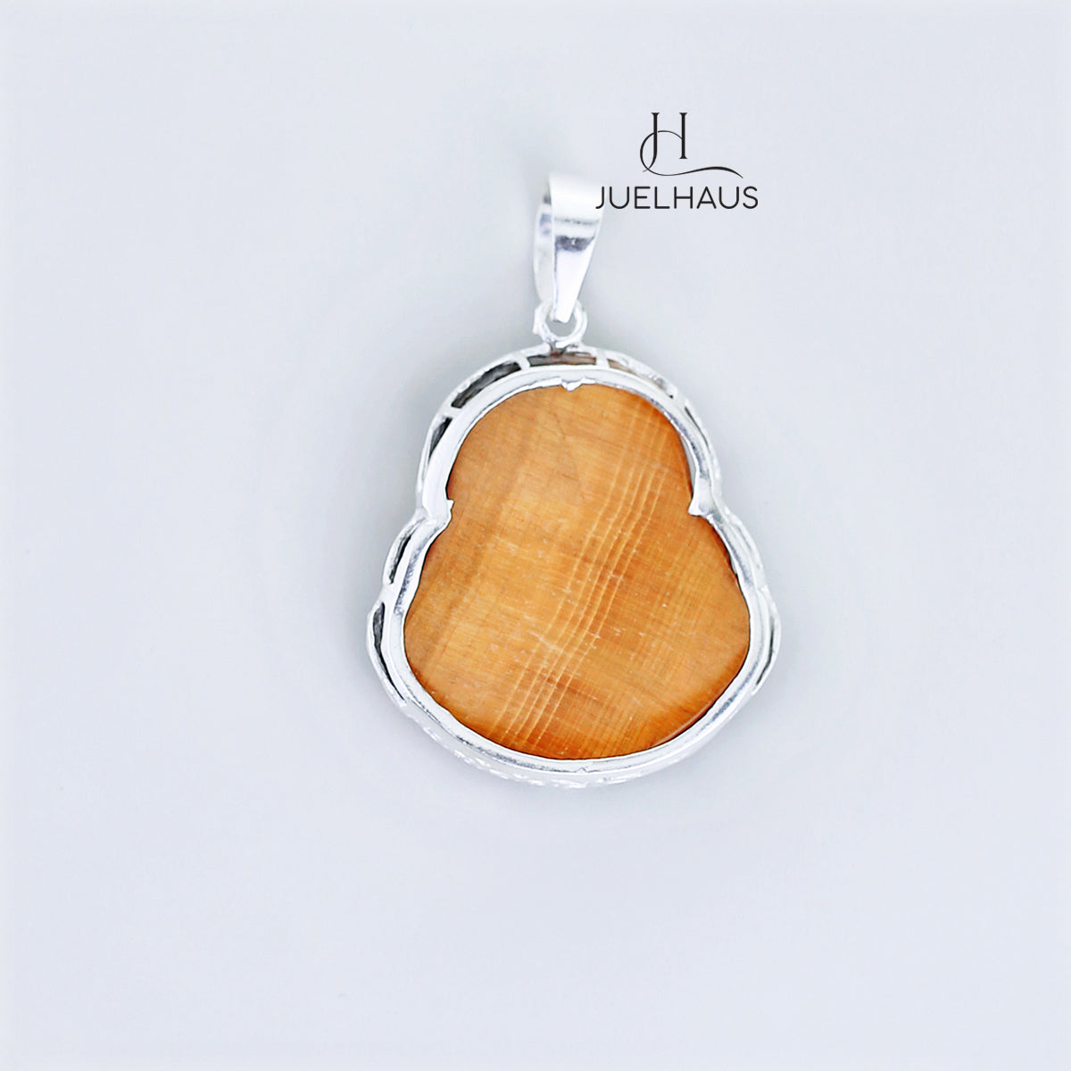 JUELHAUS Silver Pendant with Image of Laughing Buddha and Tiger Eye Stone, Available in 3 Sizes
