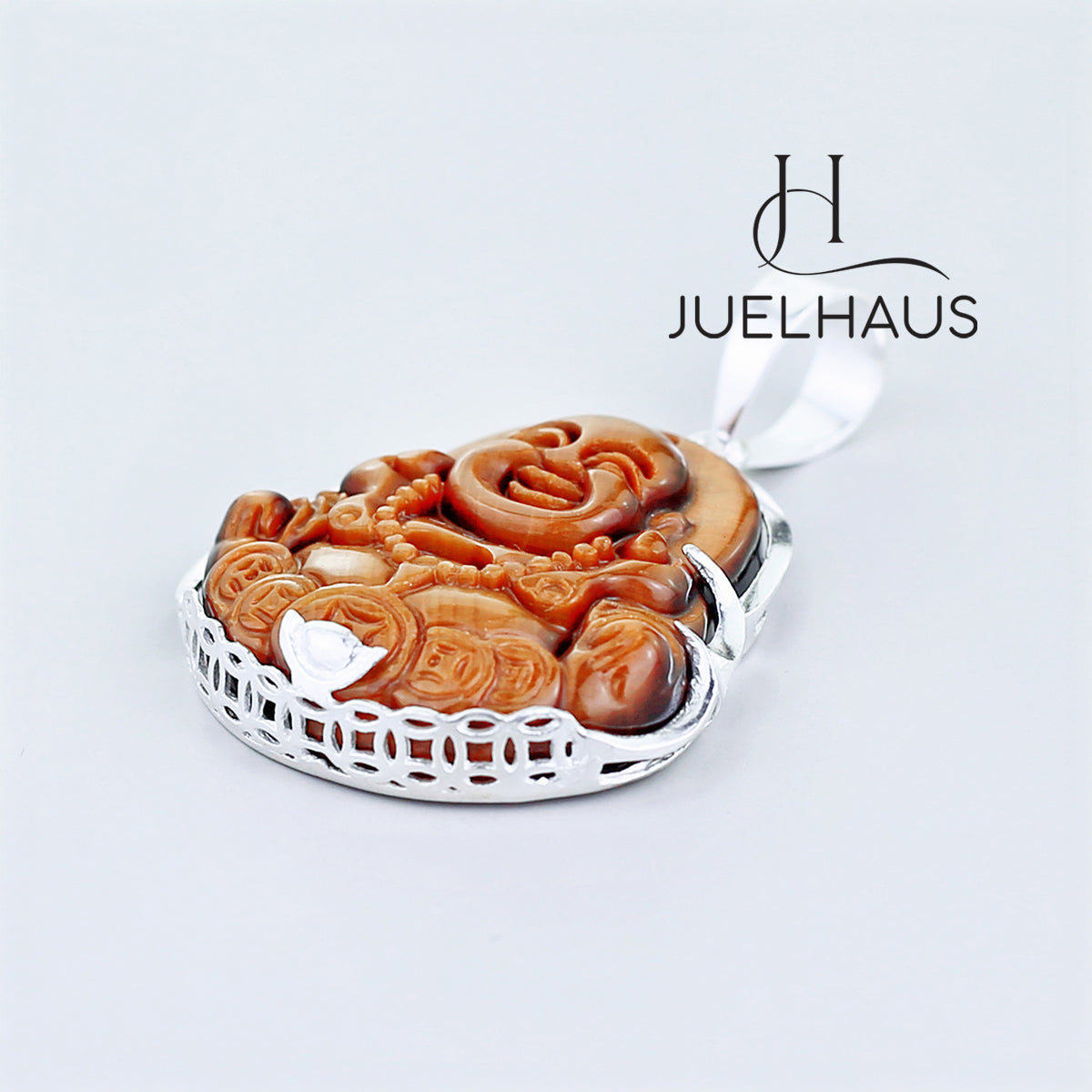JUELHAUS Silver Pendant with Image of Laughing Buddha and Tiger Eye Stone, Available in 3 Sizes
