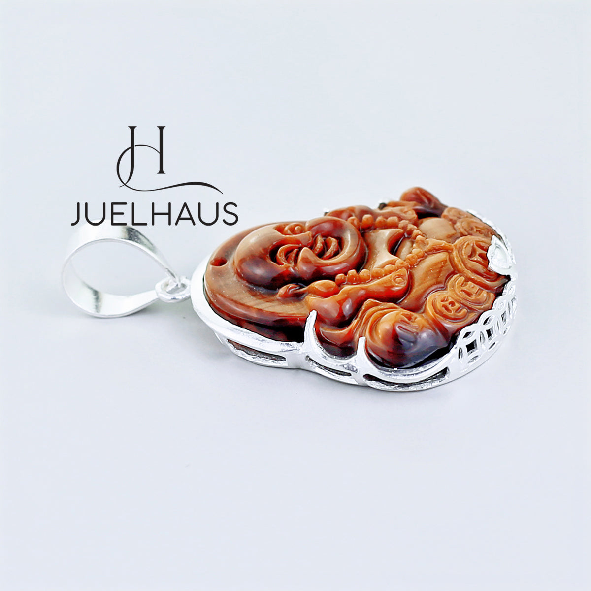 JUELHAUS Silver Pendant with Image of Laughing Buddha and Tiger Eye Stone, Available in 3 Sizes