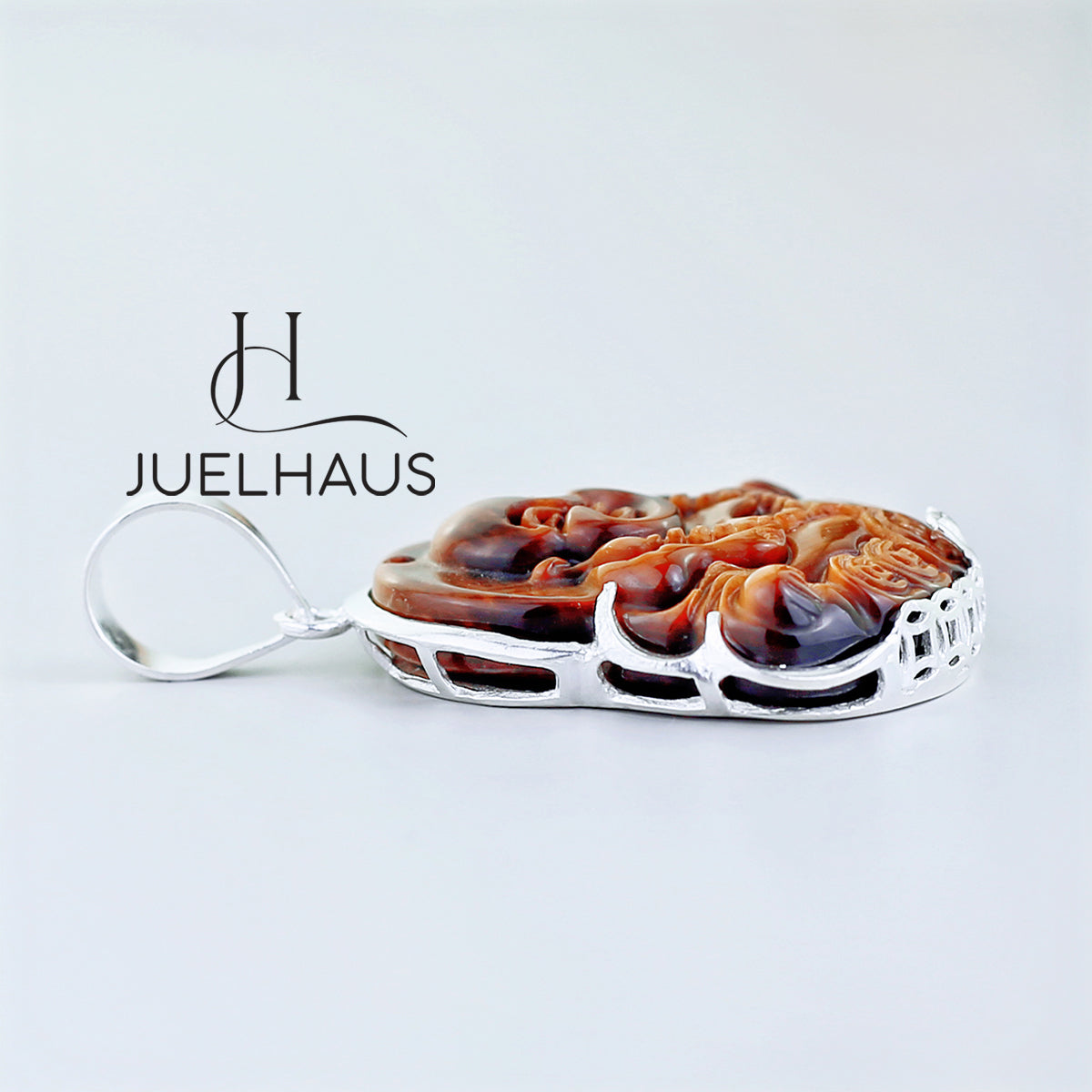 JUELHAUS Silver Pendant with Image of Laughing Buddha and Tiger Eye Stone, Available in 3 Sizes