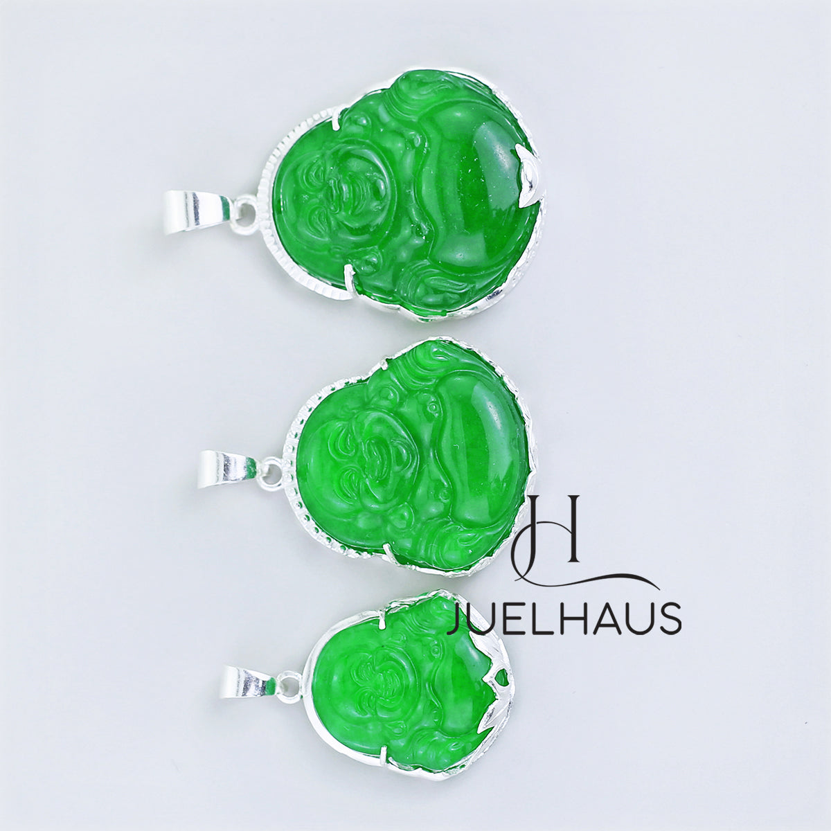 JUELHAUS Silver Pendant With Image Of Laughing Buddha, Green Jade Stone, Smooth Silver Border