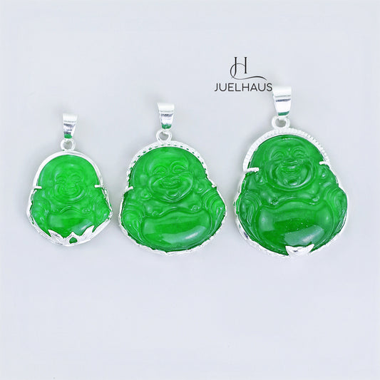 JUELHAUS Silver Pendant With Image Of Laughing Buddha, Green Jade Stone, Smooth Silver Border