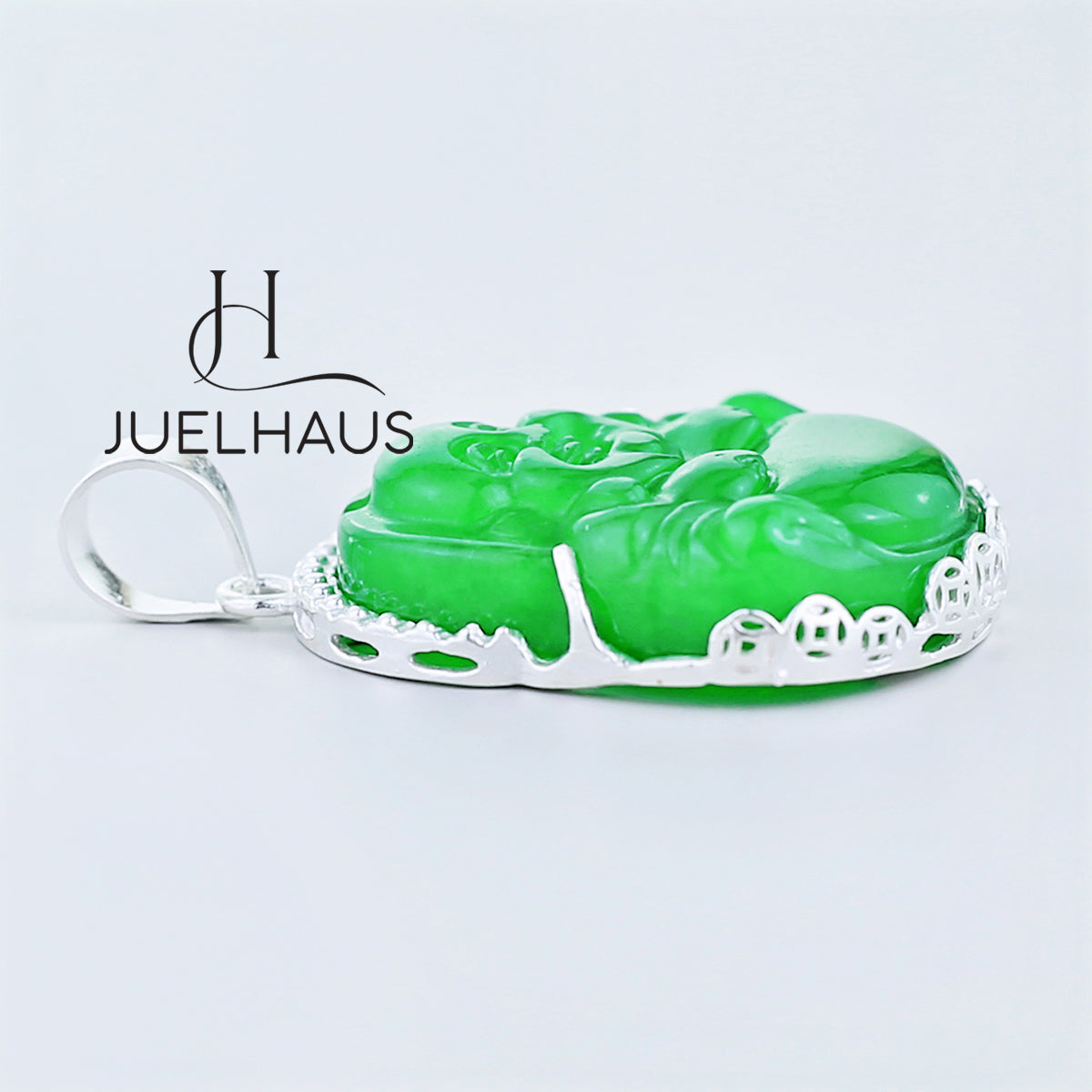 JUELHAUS Silver Pendant With Image Of Laughing Buddha, Green Jade Stone, Smooth Silver Border
