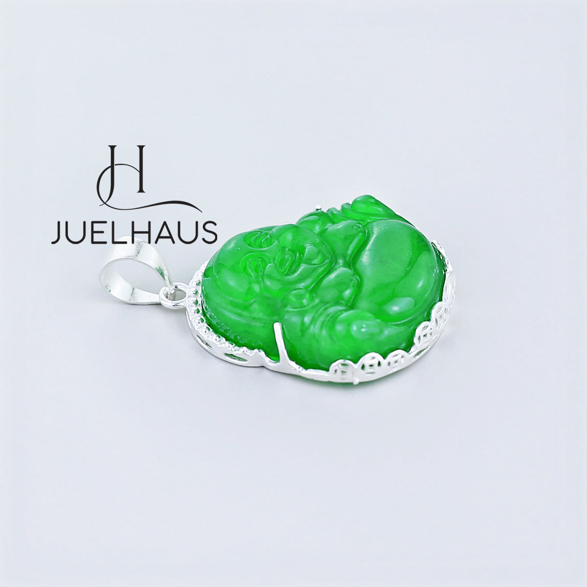 JUELHAUS Silver Pendant With Image Of Laughing Buddha, Green Jade Stone, Smooth Silver Border