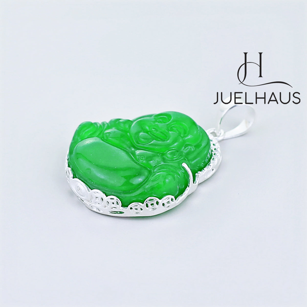 JUELHAUS Silver Pendant With Image Of Laughing Buddha, Green Jade Stone, Smooth Silver Border