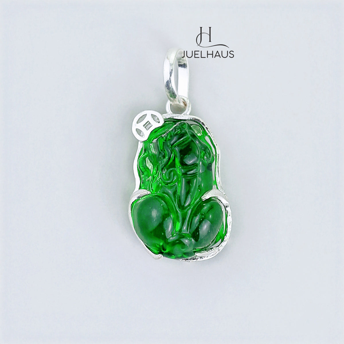 JUELHAUS Silver Pendant with Pixiu Shape, Multi-Colored Feng Shui Stone, Holding Lucky Coins