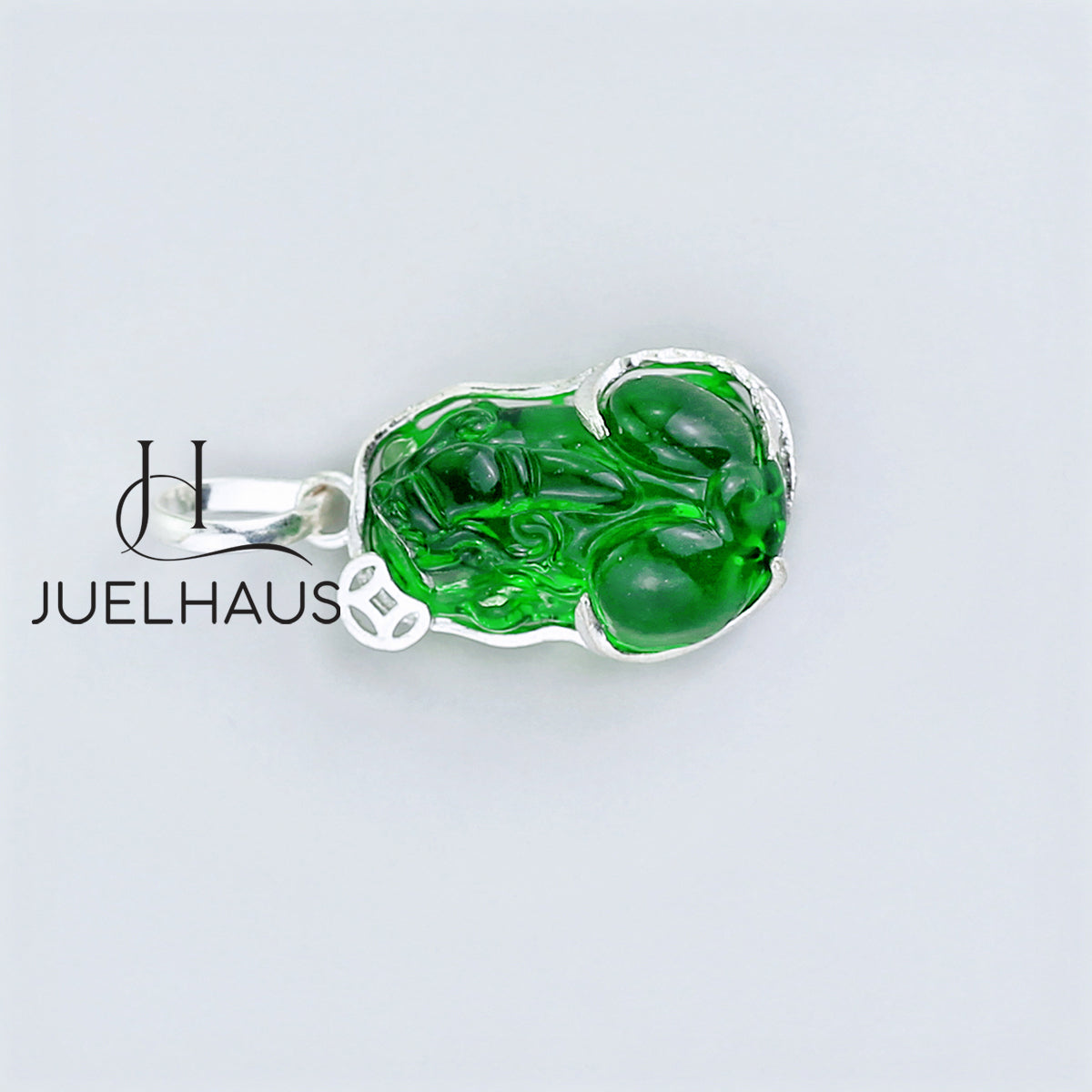 JUELHAUS Silver Pendant with Pixiu Shape, Multi-Colored Feng Shui Stone, Holding Lucky Coins