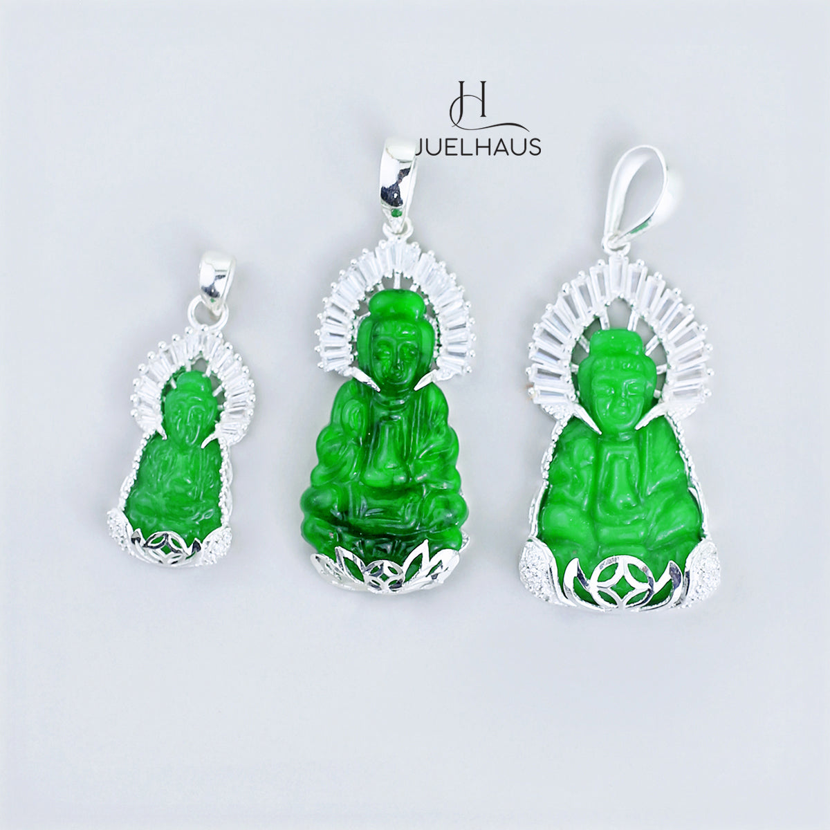 JUELHAUS Silver Pendant Gift for boyfriend's mother Avalokiteśvara Bodhisattva Image Jade Green Stone with Sparkling Crystal Edge