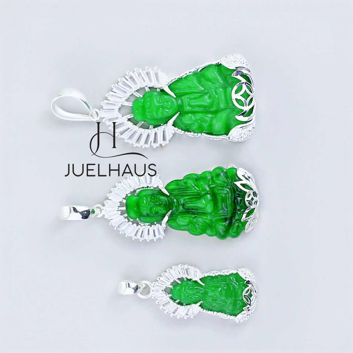 JUELHAUS Silver Pendant Gift for boyfriend's mother Avalokiteśvara Bodhisattva Image Jade Green Stone with Sparkling Crystal Edge