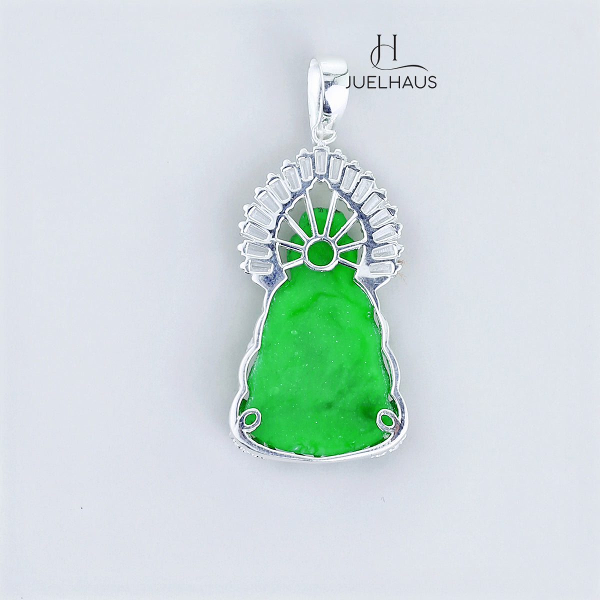 JUELHAUS Silver Pendant Gift for boyfriend's mother Avalokiteśvara Bodhisattva Image Jade Green Stone with Sparkling Crystal Edge