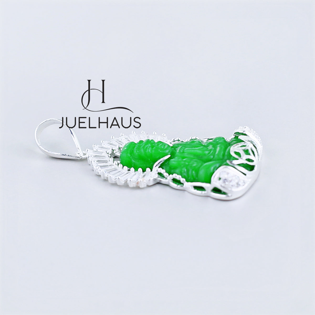 JUELHAUS Silver Pendant Gift for boyfriend's mother Avalokiteśvara Bodhisattva Image Jade Green Stone with Sparkling Crystal Edge