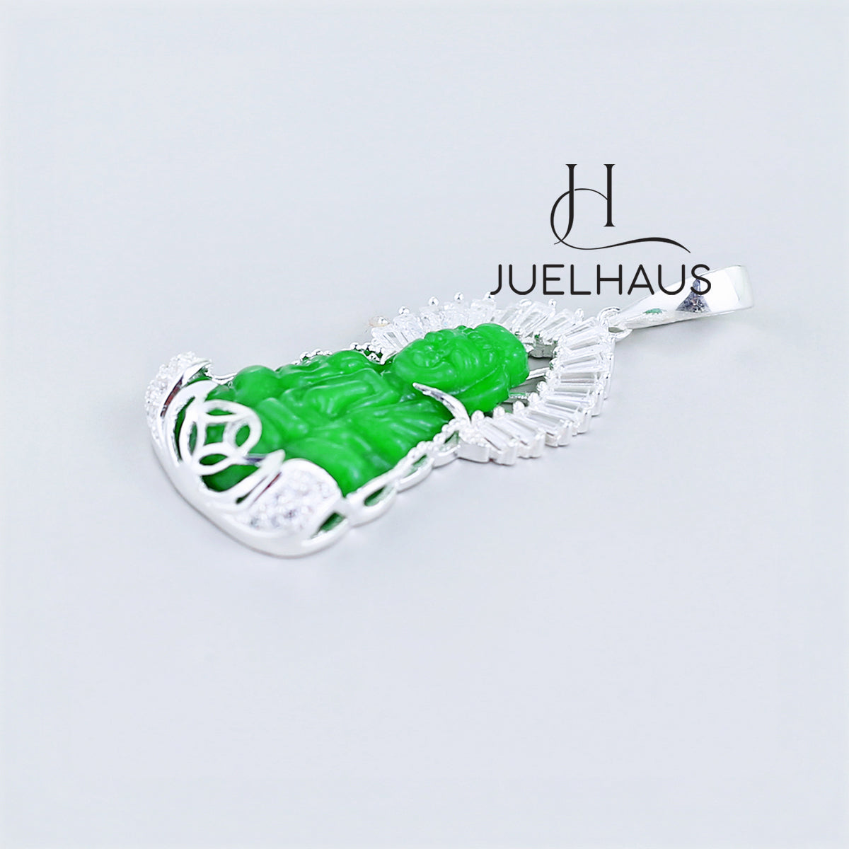 JUELHAUS Silver Pendant Gift for boyfriend's mother Avalokiteśvara Bodhisattva Image Jade Green Stone with Sparkling Crystal Edge