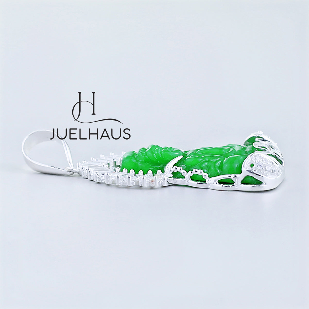 JUELHAUS Silver Pendant Gift for boyfriend's mother Avalokiteśvara Bodhisattva Image Jade Green Stone with Sparkling Crystal Edge