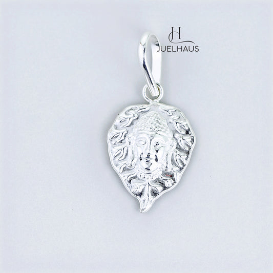 JUELHAUS Silver Pendant with Bodhi Leaf Shaped on one side engraved with Zen words and on the other side has an embossed Buddha head